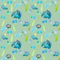 Watercolor seamless pattern of a bird, a pair of pigeons, with a nest. Bird family. Blue small flowers. Pastel gamma, green backgr