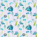 Watercolor seamless pattern of a bird, a pair of pigeons, with a nest. Bird family. Blue small flowers. Royalty Free Stock Photo