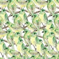Watercolor seamless pattern: birds and flower, leaf, branch, isolated on background Royalty Free Stock Photo