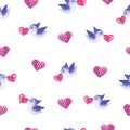 Watercolor seamless pattern with birds and hearts. Romantic theme, white background, isolate Royalty Free Stock Photo