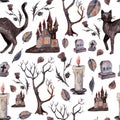 Watercolor seamless pattern with Black cat, withered tree, fallen leaves, dracula`s castle Royalty Free Stock Photo