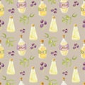 Watercolor seamless pattern with black and green olives Tree branches. Bottles with olive oil. Hand drawn illustration