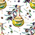 Watercolor seamless pattern with black and green olives on white. Background design for olive oil, natural cosmetics