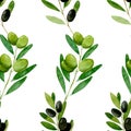 Watercolor seamless pattern Black and greenolive on white