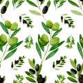 Watercolor seamless pattern Black and greenolive on white