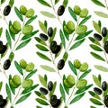 Watercolor seamless pattern Black and greenolive on white