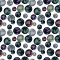 Watercolor seamless pattern with black and purple circles on white background