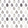 Watercolor seamless pattern. Black and white background with trendy eggs. Happy Easter! Sketch. Perfect for invitations, greeting