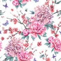 Watercolor seamless pattern with blooming cherry, peonies, Royalty Free Stock Photo