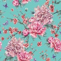 Watercolor seamless pattern with blooming cherry, peonies, Royalty Free Stock Photo