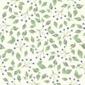 Watercolor seamless pattern with blue berries, green leaves, branches. Hand drawing floral background Royalty Free Stock Photo