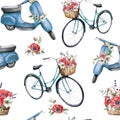 Watercolor seamless pattern with blue bicycle with basket and scooter with anemones. Hand painted summer illustration