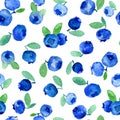 Watercolor seamless pattern with blue blueberries. Royalty Free Stock Photo
