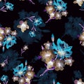 Watercolor seamless pattern with blue and brawn colors bouquet of flowers on black background.