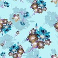 Watercolor seamless pattern with blue and brawn flowers on light blue background.
