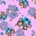 Watercolor seamless pattern with blue and brawn flowers on pink background.