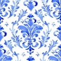 watercolor seamless pattern with blue damask ornament. classic vintage ornament