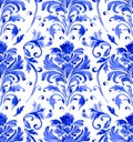 watercolor seamless pattern with blue damask ornament. classic vintage ornament