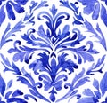 watercolor seamless pattern with blue damask ornament. classic vintage ornament
