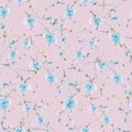 Watercolor seamless pattern of blue flowers and green, yellow branches on the light pink background- 6