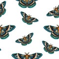 Watercolor seamless pattern blue green moth isolated on white background. Hand painted illustration imperial night
