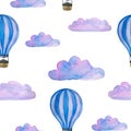 Watercolor seamless pattern with blue hot air balloons, clouds and airship isolated on white