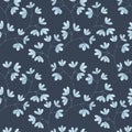 Watercolor seamless pattern with blue leaf twigs, small leaves on a blue background.