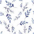 Watercolor seamless pattern with blue leaves and branches Royalty Free Stock Photo