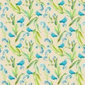 Watercolor seamless pattern of blue little flowers and blue birds, pigeons on a beige background.