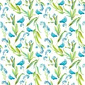 Watercolor seamless pattern of blue little flowers and blue birds, pigeons on a beige background.