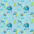 Watercolor seamless pattern of blue little flowers and blue birds, pigeons on a blu background. Royalty Free Stock Photo