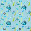 Watercolor seamless pattern of blue little flowers and blue birds, pigeons on a blu background.