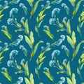 Watercolor seamless pattern of blue little forget-me-not flowers,light green leaves on a dark blue background