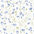 Watercolor seamless pattern with blue meadow flowers. Hand drawing floral. Vector EPS Royalty Free Stock Photo