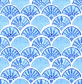 watercolor seamless pattern. blue oriental ornament, fish scales. Moroccan tiles. authentic hand drawing