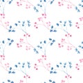 Watercolor seamless pattern with blue and pink leaf twigs, small leaves on a white background.