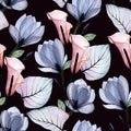 Watercolor seamless pattern with blue and pink transparent flowers. magnolia and calla lily on a black background. Royalty Free Stock Photo