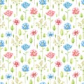 Watercolor seamless pattern with blue, red flowers and vegetation