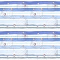 Watercolor seamless pattern in blue stripes and pearls and shells. Watercolor illustration in marine style.