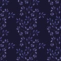 Watercolor seamless pattern with blue twigs of leaves, small leaves on a dark blue background.