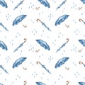 Watercolor seamless pattern with blue umbrellas, raindrops, closed umbrella, autumn texture