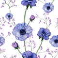 Watercolor seamless pattern blue and violet anemones with violet little flowers on branches for beautiful design on Royalty Free Stock Photo