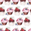 Watercolor Seamless pattern blueberries cupcakes