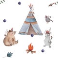 watercolor seamless pattern pattern with boho wigwam elements bear bird arrow blueberry bonfire. for children& x27;s