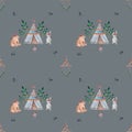 watercolor seamless pattern pattern with boho wigwam elements bear bird arrow blueberry bonfire. for children's