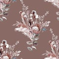 Watercolor seamless pattern with bouquet of dried protea flowers and tropical dried flowers