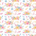 Watercolor seamless pattern with a bouquet of flowers. A collection of unicorns. Royalty Free Stock Photo
