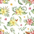 Watercolor seamless pattern with bouquets of tropical flowers, leaves and plants. Royalty Free Stock Photo