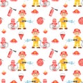 Watercolor seamless pattern with boy fireman and fire equipment