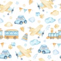 Watercolor seamless pattern with boys toys train airplane car cubes clouds